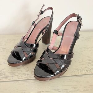 Miu Miu Dark Purple Patent Leather Strappy Slingback Pumps Wood Heel 37.5 7.5